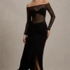 Cover Star | Black Mesh Bardot Long-Sleeve Draped Maxi Dress