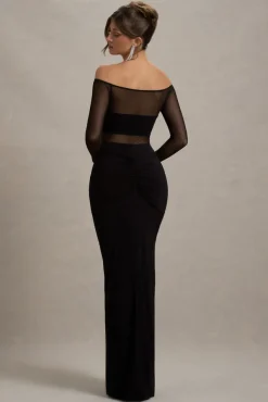 Cover Star | Black Mesh Bardot Long-Sleeve Draped Maxi Dress