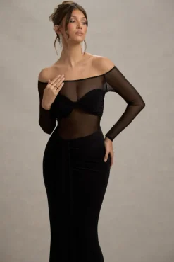 Cover Star | Black Mesh Bardot Long-Sleeve Draped Maxi Dress
