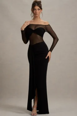 Cover Star | Black Mesh Bardot Long-Sleeve Draped Maxi Dress