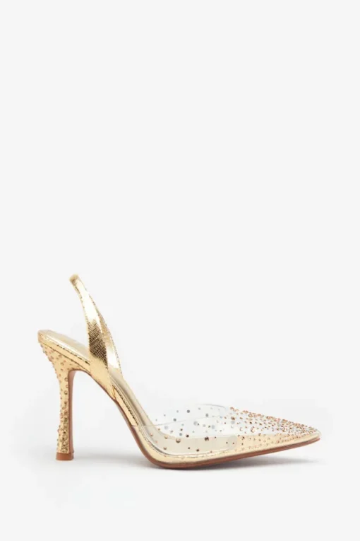 Covergirl | Gold Diamante Sling Back Pointed Heels
