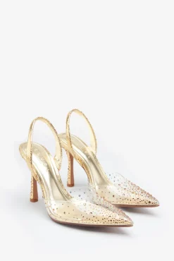 Covergirl | Gold Diamante Sling Back Pointed Heels