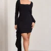 Crimson Cut | Black Long-Sleeved Ruffled Bodycon Mini Dress