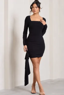 Crimson Cut | Black Long-Sleeved Ruffled Bodycon Mini Dress