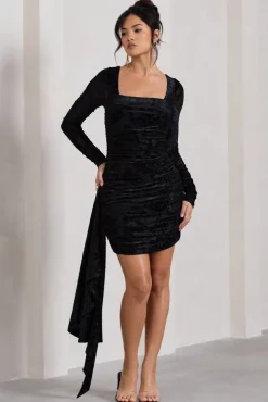 Crimson Cut | Black Velvet Floral Long-Sleeved Ruffled Bodycon Mini Dress