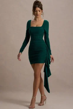 Crimson Cut | Bottle Green Long-Sleeved Ruffled Bodycon Mini Dress