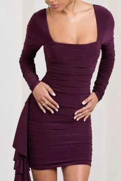 Crimson Cut | Burgundy Long-Sleeved Ruffled Bodycon Mini Dress