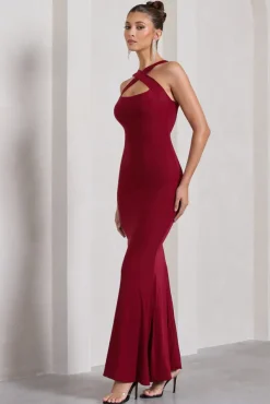 Cross My Heart | Berry Red Sleeveless Cross-Neck Maxi Dress