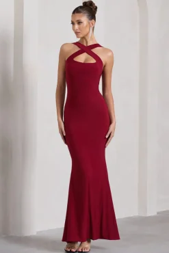 Cross My Heart | Berry Red Sleeveless Cross-Neck Maxi Dress