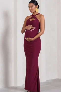 Cross My Heart | Burgundy Sleeveless Cross-Neck Maternity Maxi Dress