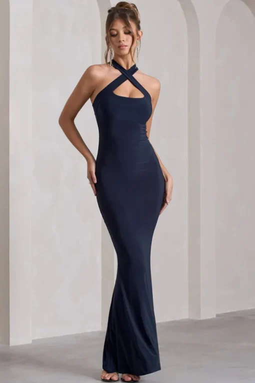 Cross My Heart | Navy Sleeveless Cross-Neck Maxi Dress