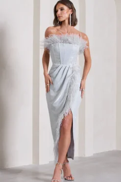 Crystal | Silver Metallic Bandeau Corset Maxi Dress With Feather Trims