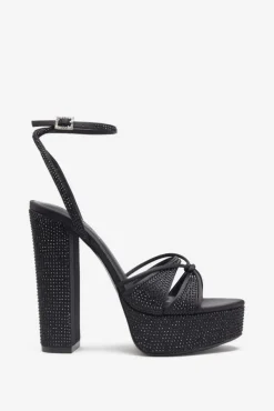 Crystal Cut | Black Strappy Heeled Platform Sandals With Diamante Buckles