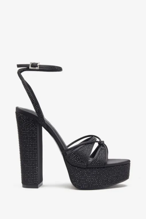 Crystal Cut | Black Strappy Heeled Platform Sandals With Diamante Buckles