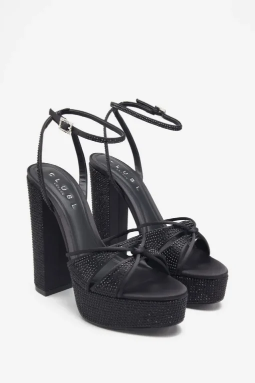 Crystal Cut | Black Strappy Heeled Platform Sandals With Diamante Buckles