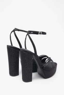 Crystal Cut | Black Strappy Heeled Platform Sandals With Diamante Buckles