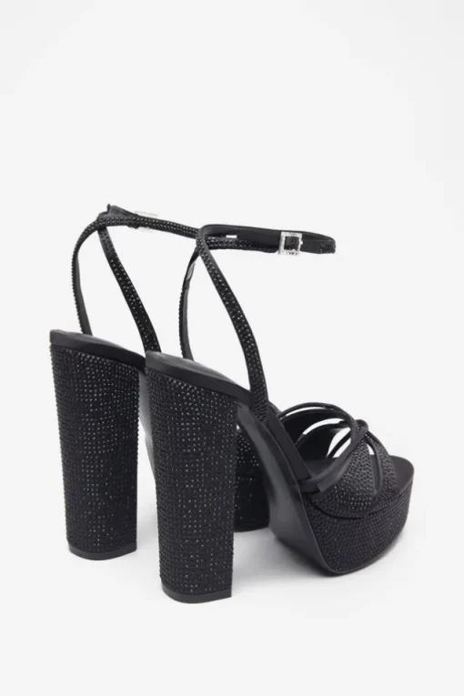 Crystal Cut | Black Strappy Heeled Platform Sandals With Diamante Buckles