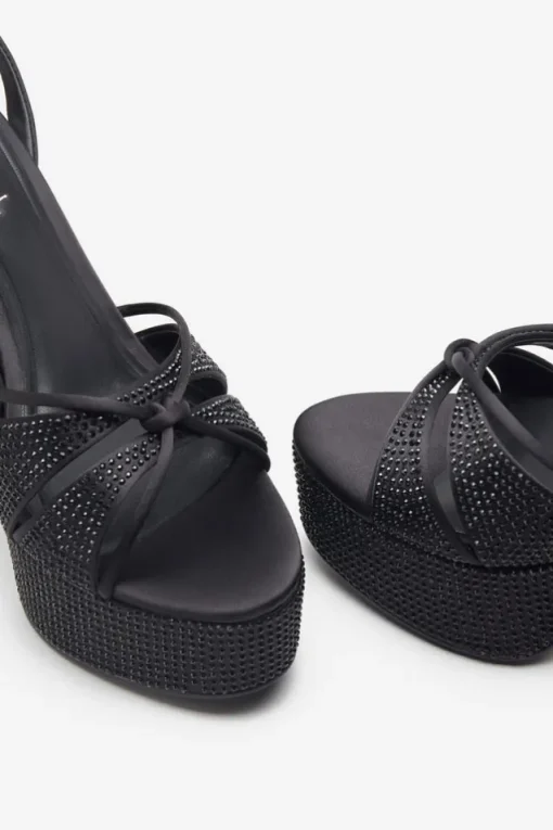 Crystal Cut | Black Strappy Heeled Platform Sandals With Diamante Buckles