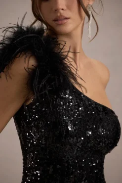 Crystella | Black Sequin Asymmetric Feather Midi Dress