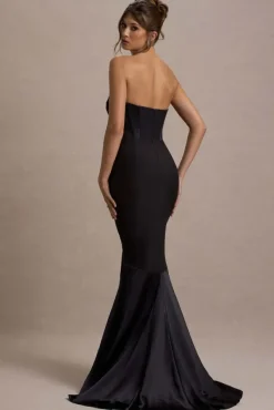 Custom | Black Satin Sweetheart Corset Fishtail Maxi Dress