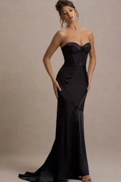 Custom | Black Satin Sweetheart Corset Fishtail Maxi Dress