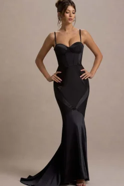 Custom | Black Satin Sweetheart Corset Fishtail Maxi Dress