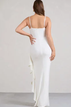 Cut Stem | White Cami Maternity Maxi Dress With Ruffled Split