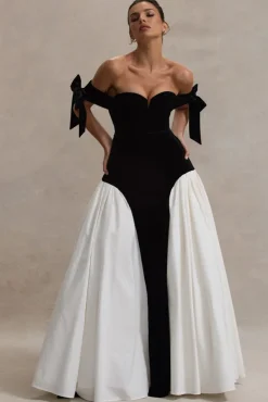 Cyndi | Black u0026 Cream Velvet Bardot Maxi Dress With Volume Skirt