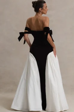 Cyndi | Black u0026 Cream Velvet Bardot Maxi Dress With Volume Skirt