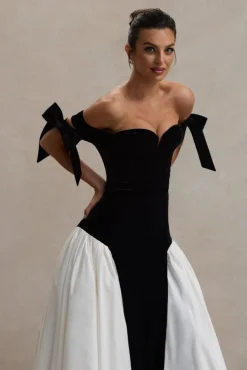 Cyndi | Black u0026 Cream Velvet Bardot Maxi Dress With Volume Skirt