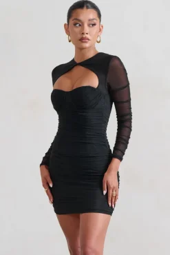 Daiquiri | Black Ruched Cut Out Mesh Mini Dress With Long Sleeves