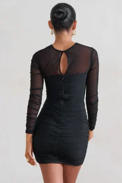 Daiquiri | Black Ruched Cut Out Mesh Mini Dress With Long Sleeves