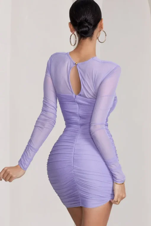 Daiquiri | Lilac Cut Out Ruched Mesh Mini Dress With Long Sleeves