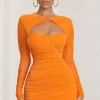 Daiquiri | Orange Cut Out Ruched Mesh Mini Dress With Long Sleeves