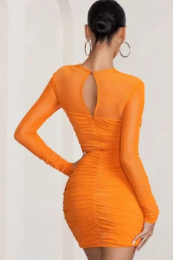 Daiquiri | Orange Cut Out Ruched Mesh Mini Dress With Long Sleeves