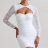 Daiquiri | White Ruched Cut Out Mesh Mini Dress With Long Sleeves