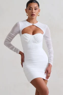 Daiquiri | White Ruched Cut Out Mesh Mini Dress With Long Sleeves