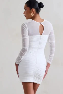 Daiquiri | White Ruched Cut Out Mesh Mini Dress With Long Sleeves