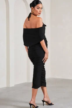 Daisy | Black u0026 White Ruched Flower Halter-Neck Drape-Sleeve Maternity Midi Dress