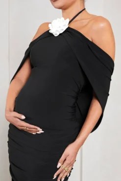 Daisy | Black u0026 White Ruched Flower Halter-Neck Drape-Sleeve Maternity Midi Dress