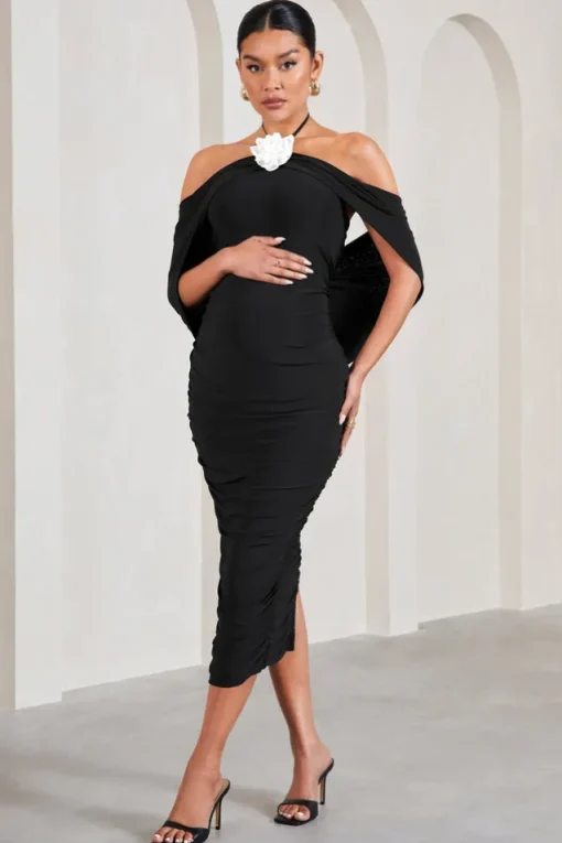 Daisy | Black u0026 White Ruched Flower Halter-Neck Drape-Sleeve Maternity Midi Dress