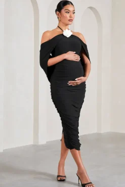 Daisy | Black u0026 White Ruched Flower Halter-Neck Drape-Sleeve Maternity Midi Dress