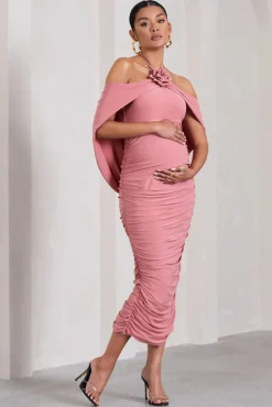 Daisy | Blush Pink Ruched Flower Halter-Neck Drape-Sleeve Maternity Midi Dress