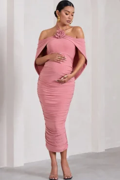 Daisy | Blush Pink Ruched Flower Halter-Neck Drape-Sleeve Maternity Midi Dress