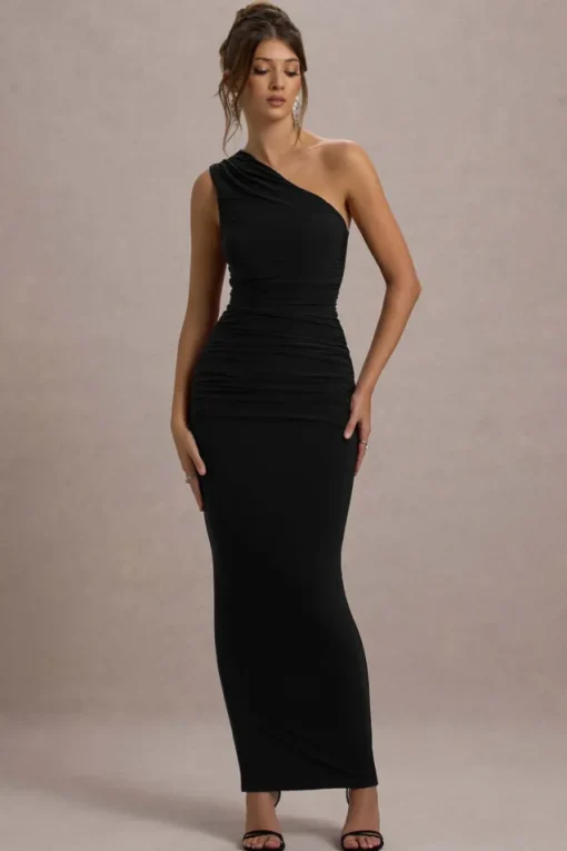 Dalarie | Black One-Shoulder Gathered Maxi Dress
