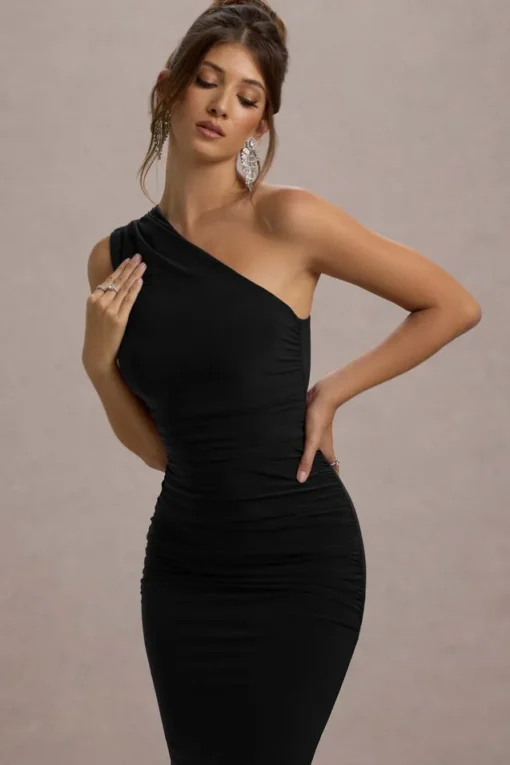 Dalarie | Black One-Shoulder Gathered Maxi Dress
