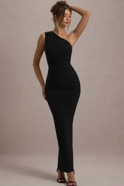 Dalarie | Black One-Shoulder Gathered Maxi Dress