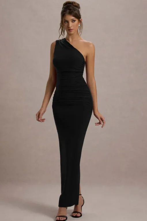 Dalarie | Black One-Shoulder Gathered Maxi Dress