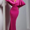 Dalia | Dark Pink V-Neck Draped Long Sleeve Maxi Dress