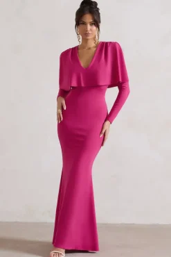 Dalia | Dark Pink V-Neck Draped Long Sleeve Maxi Dress